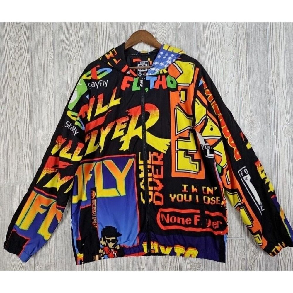 BornFly Jacket Men's 2X Multicolor Gaming‎ All Over Logo Parody Streetwear Zip